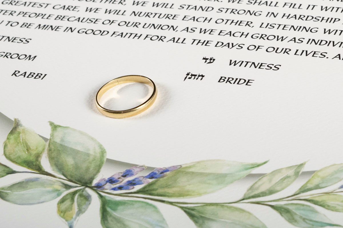 Lavender Ketubah with golden wedding ring
